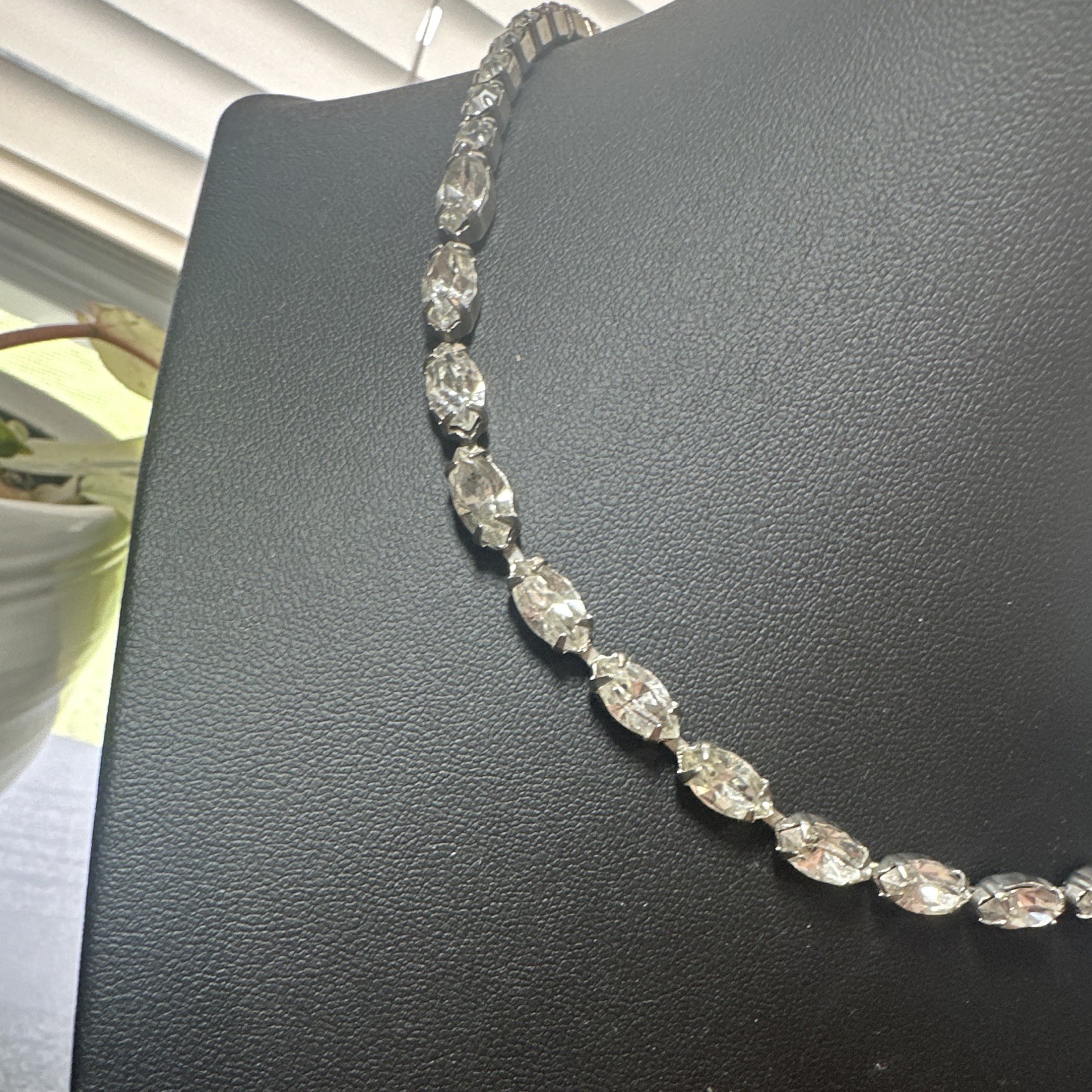 WEISS Signed Silver Tone Clear Crystal Tennis Choker Necklace Hook 12-18in