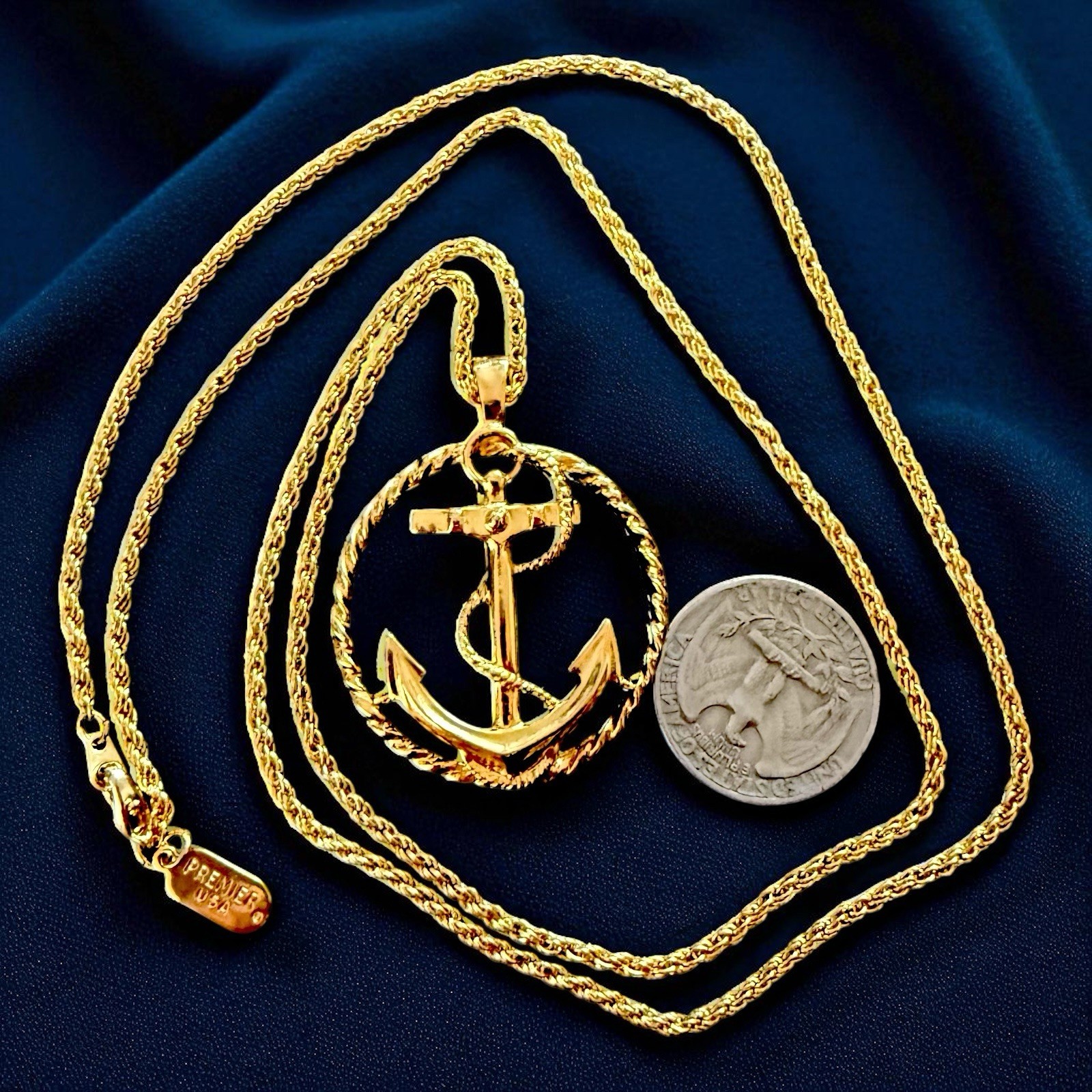 Anchor Pendant Rope Chain Necklace Nautical Coastal Chic Premier USA Signed