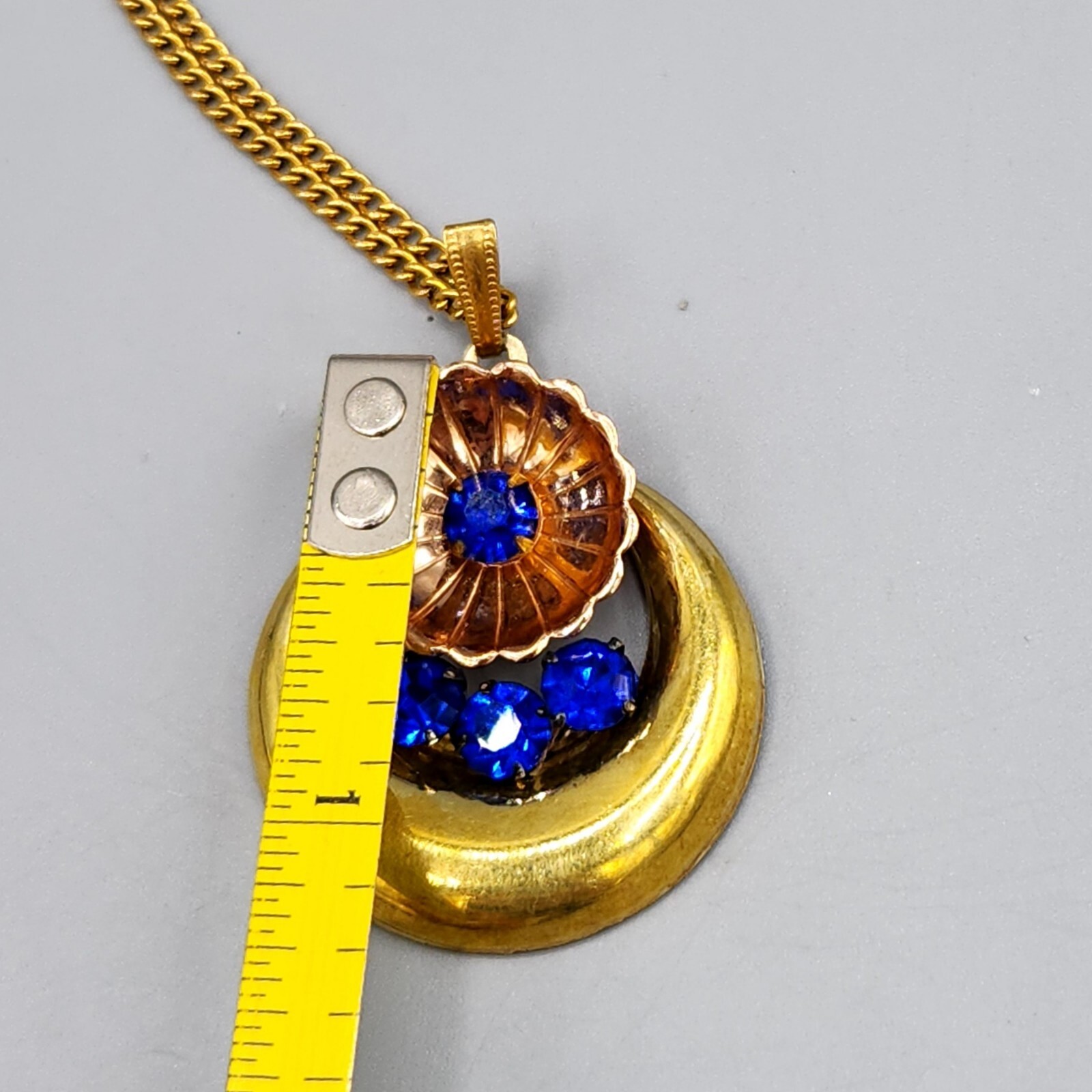 Early Harry Iskin Signed 12K Yellow & Rose GF Blue Rhinestone Necklace 18″
