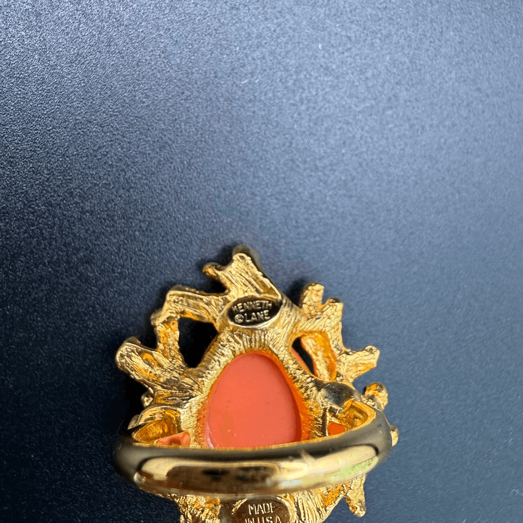 Kenneth Jay Lane coral reef adjustable ring orange gemstone set in gold New sz 6