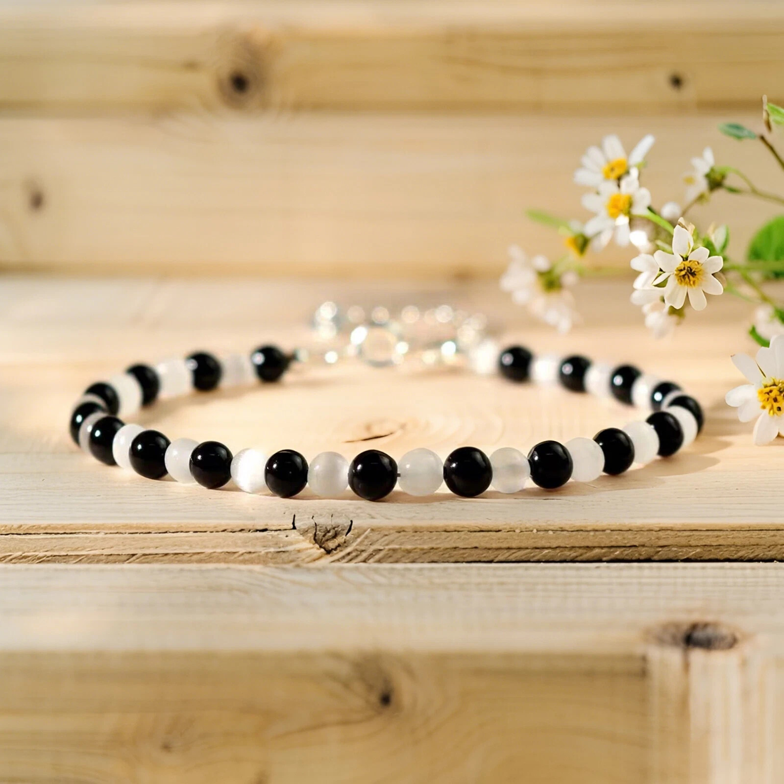 Handmade Dainty Black Tourmaline Selenite Stone Bracelet Healing Reiki Unisex