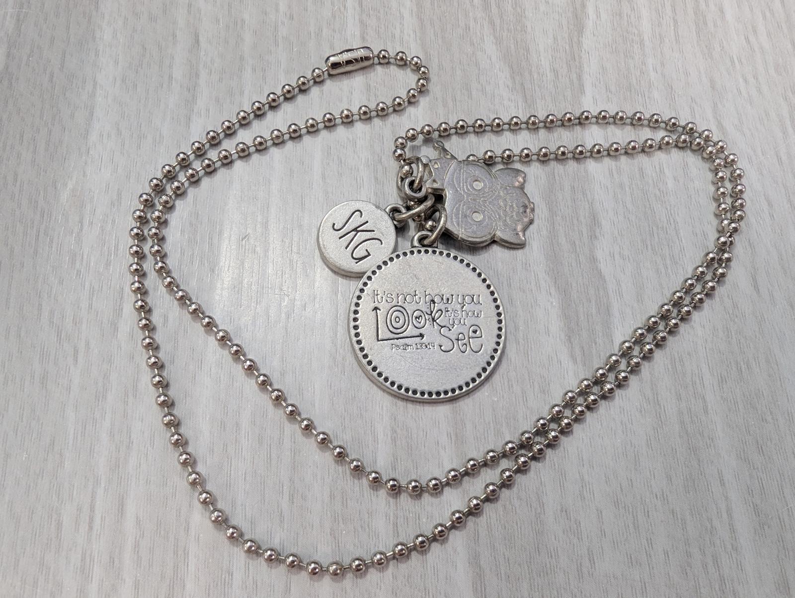 SKG Silvertone Necklace Owl Inspirational Message DogTag Ball Chain Necklace 24″