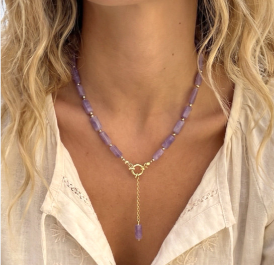 18K Gold Plated Amethyst Beaded Y Toggle Necklace Purple Semi-Precious Stone NEW