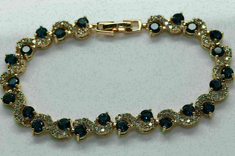 7.42Ct Round Cut Simulated Sapphire Fancy Tennis Bracelet 14K Yellow Gold Plated