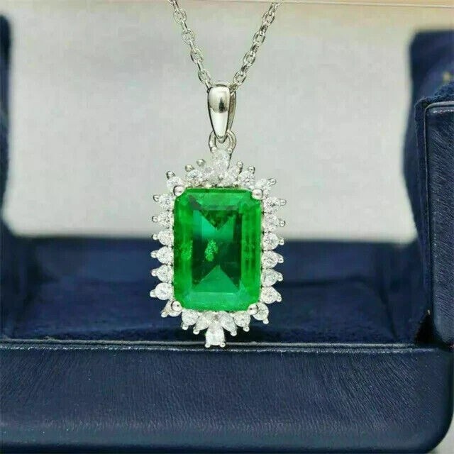 Emerald Cut Simulated Emerald Women’s Stunning Pendant In 14k White Gold Plated
