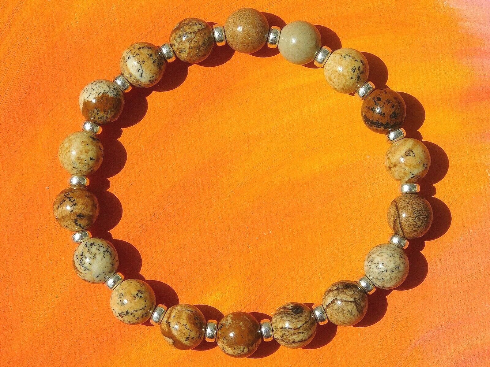 Mens / Ladies 8mm Handmade Gemstone & Silver Beaded Bracelet – Picture Jasper.