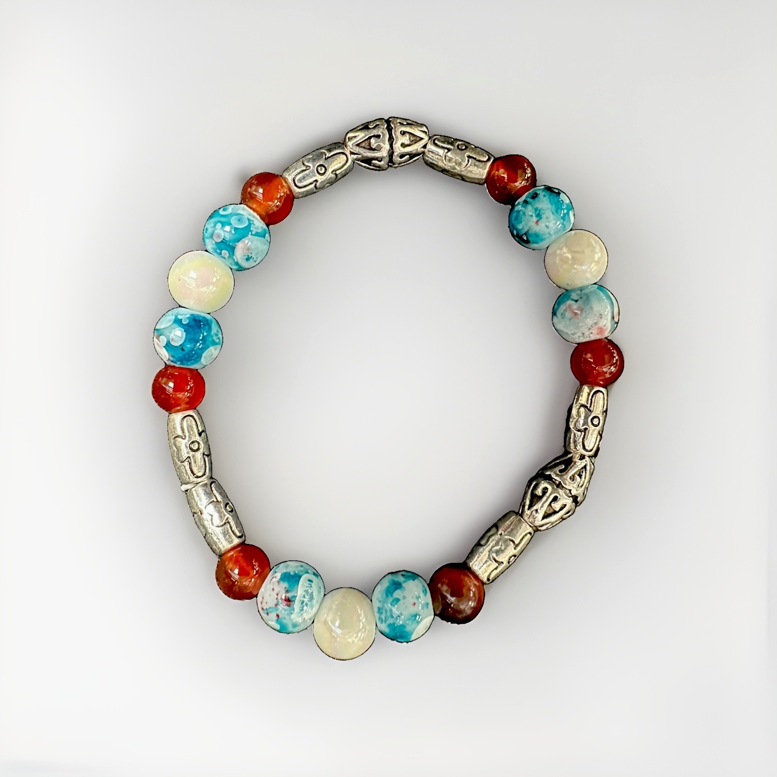 Multicolor Beaded Charm Bracelet Stretch w/ Lobster Clasp Dangle Accents