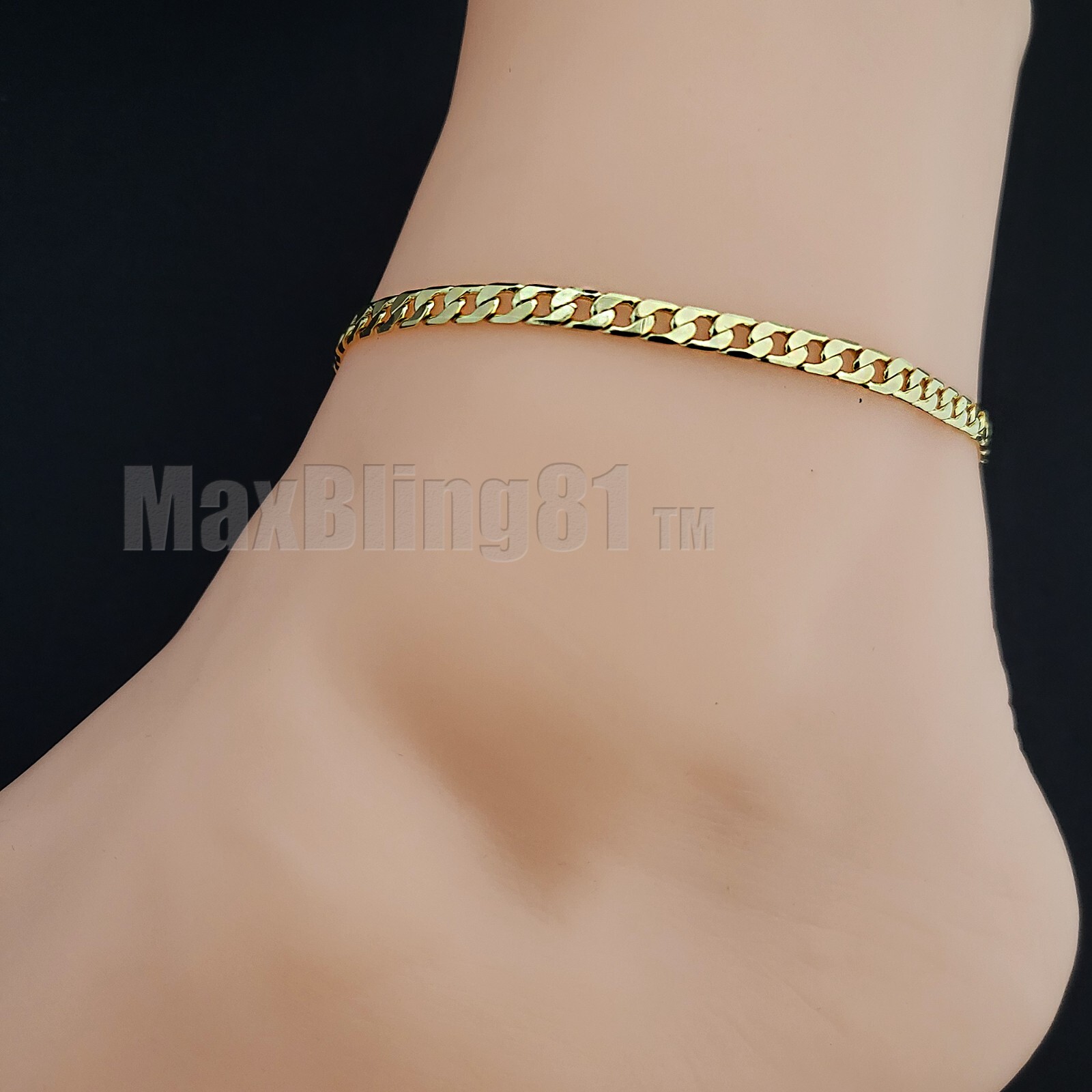 14K GOLD PLATED BRASS CUBAN LINK CHAIN 4mm 10″ FASHION BLING ANKLET BRACELET
