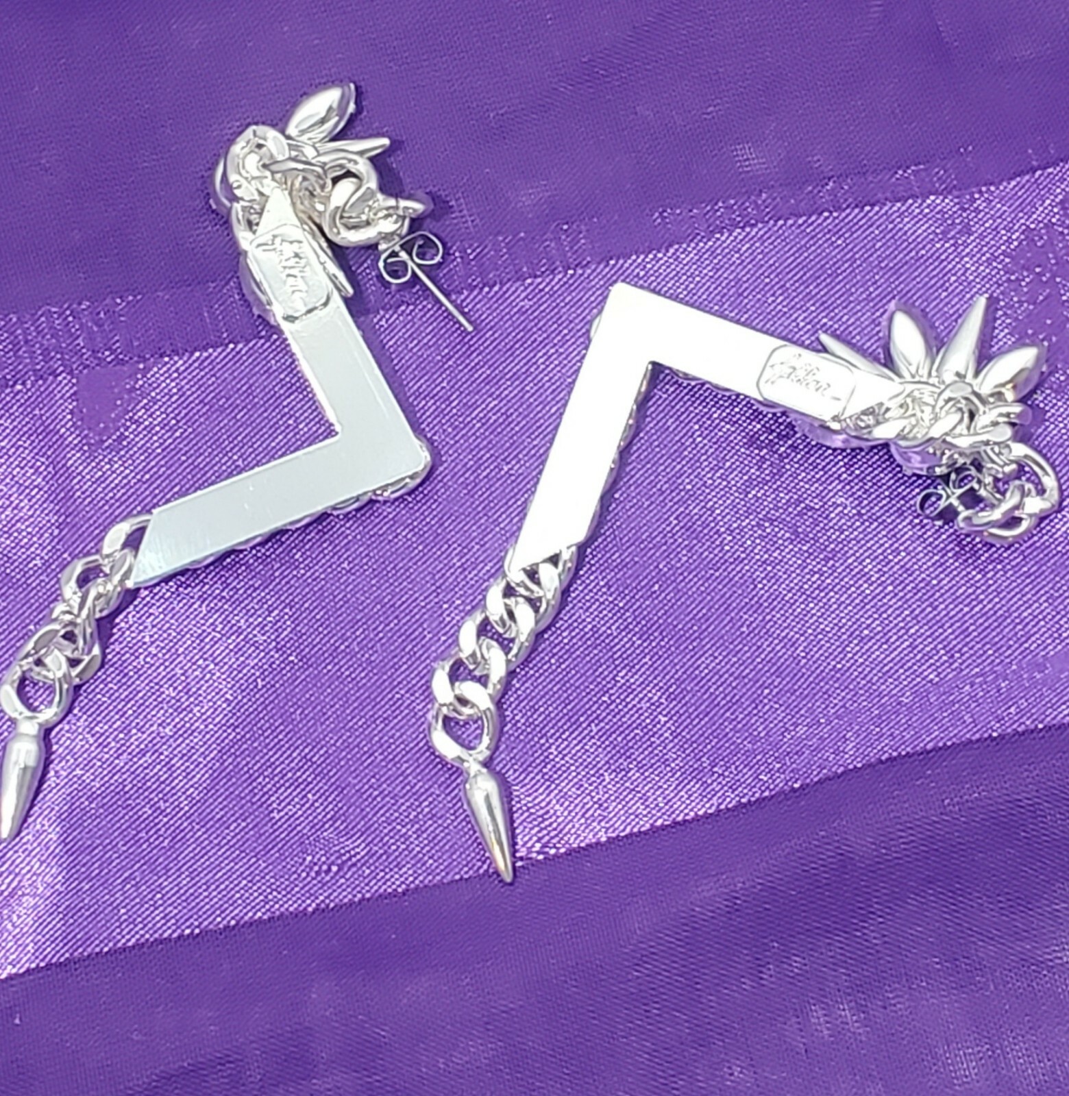 Designer FALLON Signed Micro Spike Chain EARRINGS Swarovski Crystals 2012