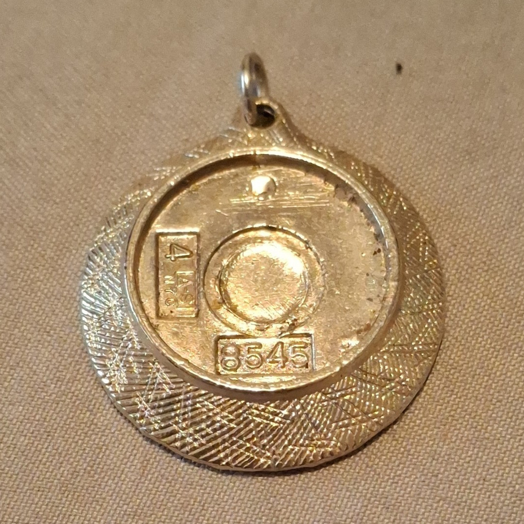 Gold Tone Metal Round Charm Pendant w/ Bail, Signed, No Gemstones