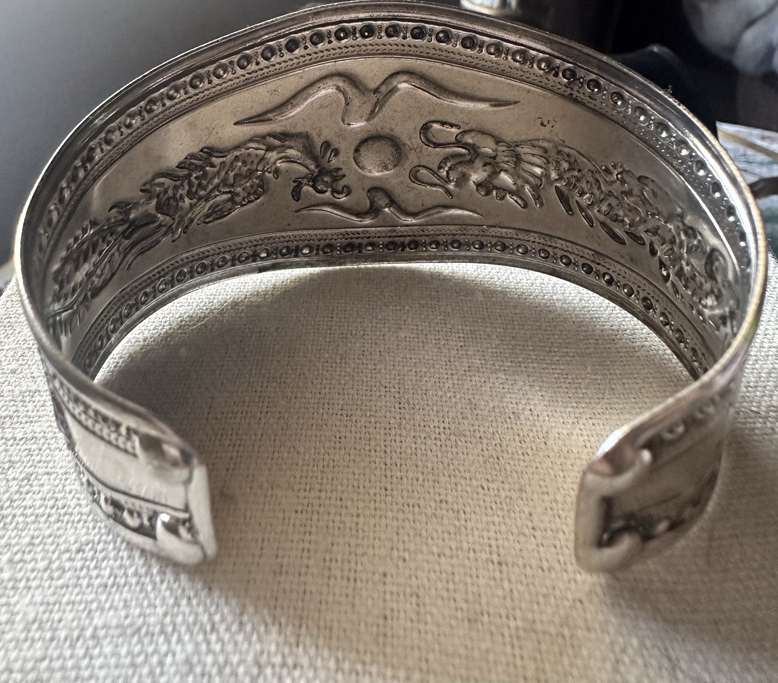 Wide Silver Tone Dragon Cuff Bracelet Asian Inspired Statement 1.5”