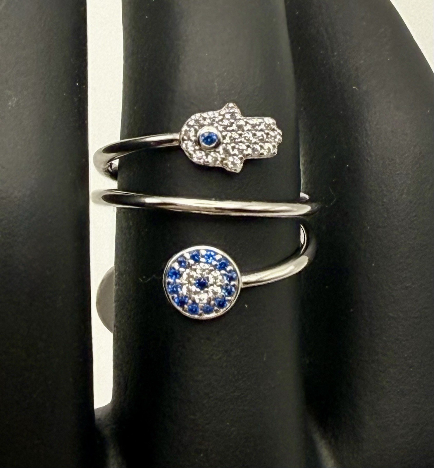 NWT 925 Sterling Silver Evil Eye Hamsa Bypass Wrap Ring Size 7 Blue Micro Pave