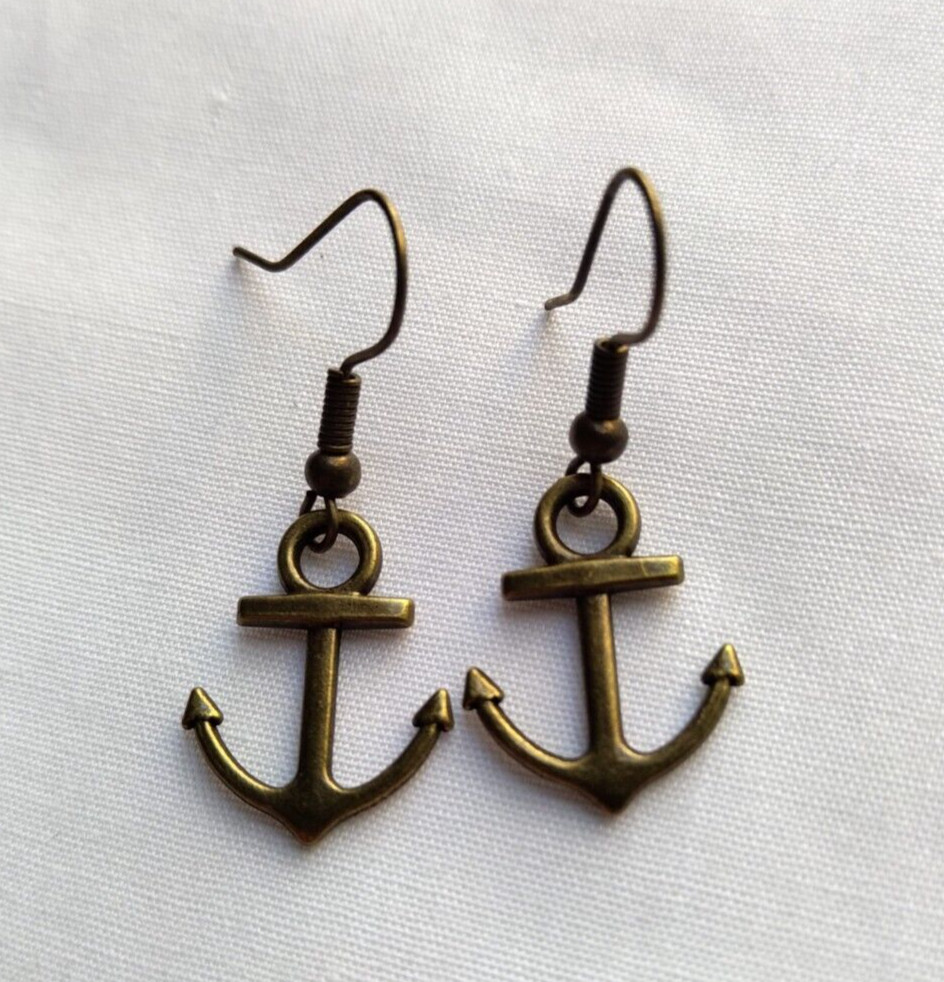 Anchor Earrings Bronze tone Drop Hook Nautical Sailing Boats Ocean Sea Beach