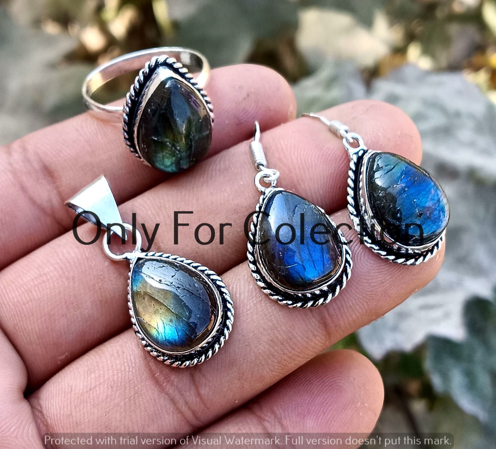 925 Sterling Silver Plated Labradorite Gemstone Pendant Earings Ring Set Jewelry