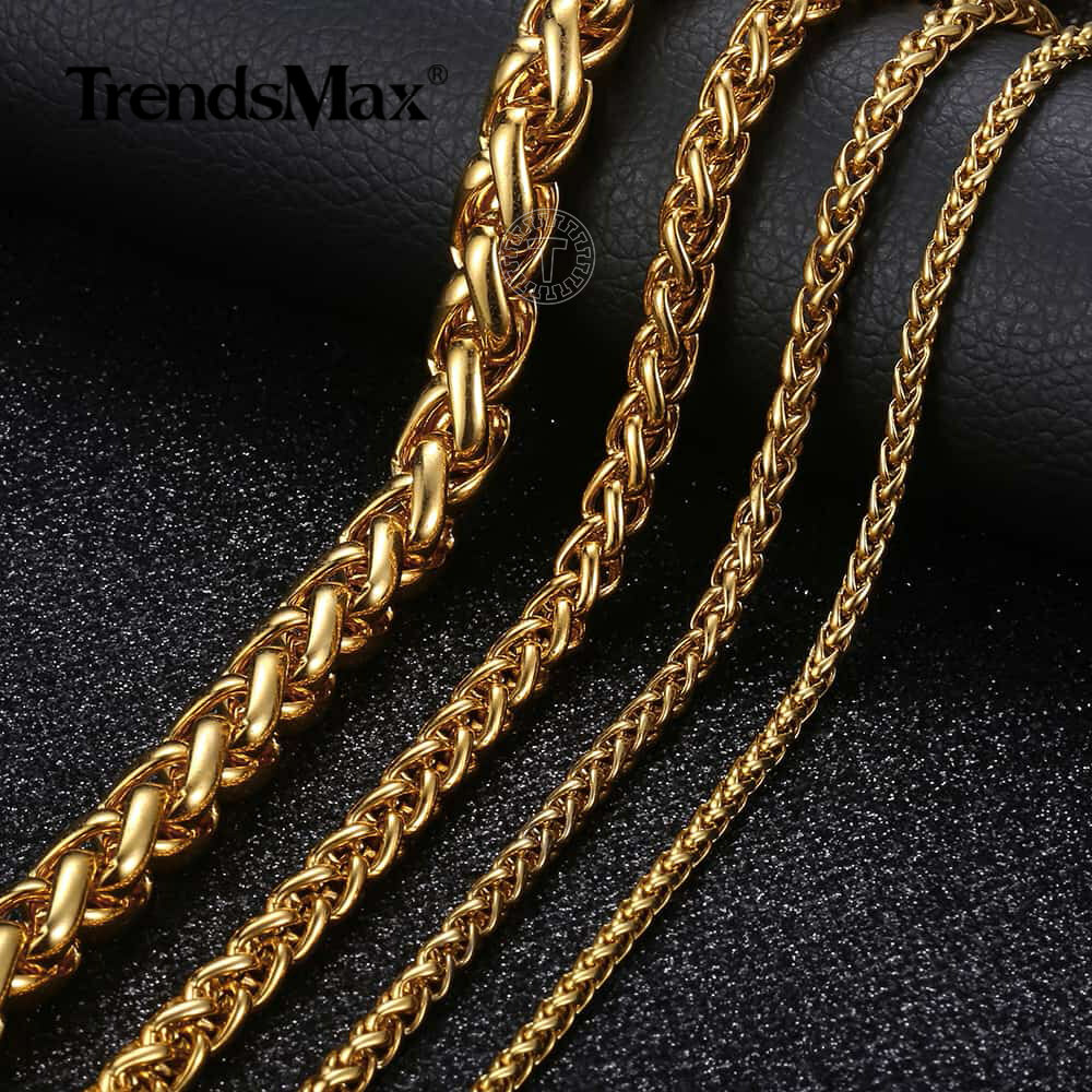 18K Gold Plated Stainless Steel Wheat Braided Chain Necklace Jewelry 3mm – 9.5mm