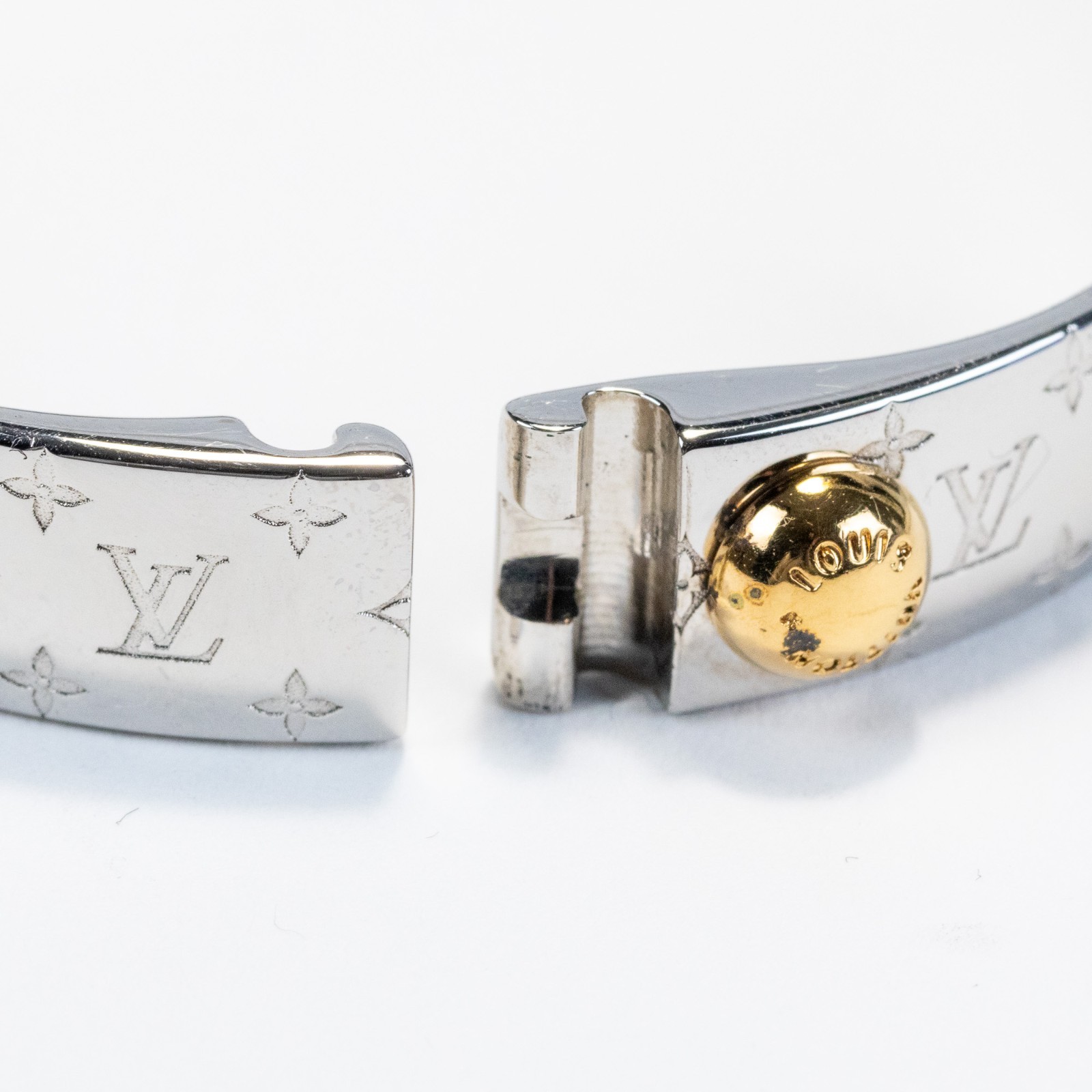 Louis Vuitton LV Nanogram Cuff Bracelet M00250 Bangle Silver Tone Size M