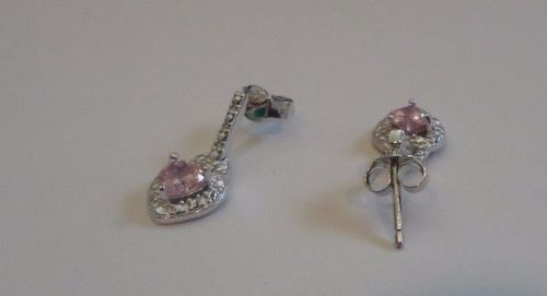 STERLING SILVER LADIES HEART SHAPE DANGLING EARRINGS PINK/WHT SIMULANT DIAMOND