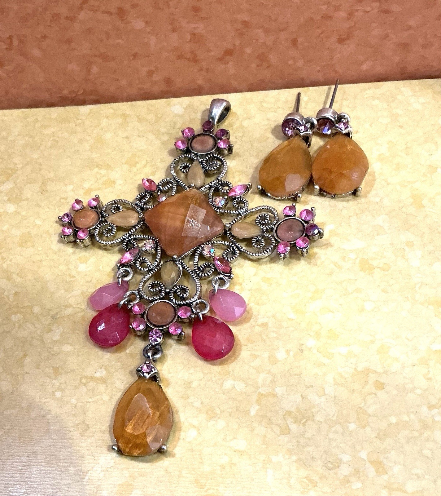 Edwardian Inspired Christian Cross Pendant & Earrings Pinks Orange Summer GOTH