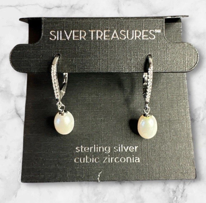 Silver Treasures Simulation Pearl Earrings Sterling Silver, Cubic Zirconia