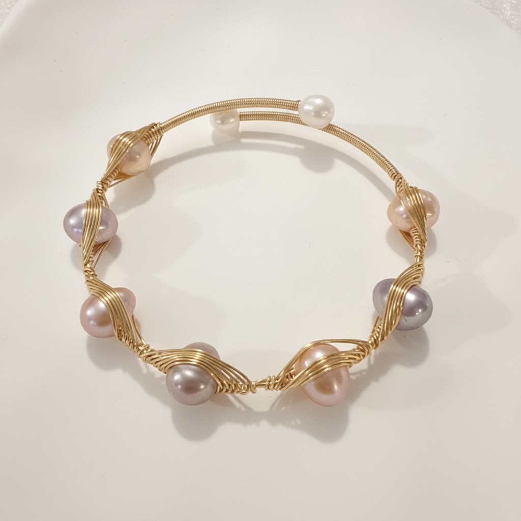 Natural Freshwater Pearl Gold Wire Wrapped Cuff Bracelet Adjustable Open Bangle