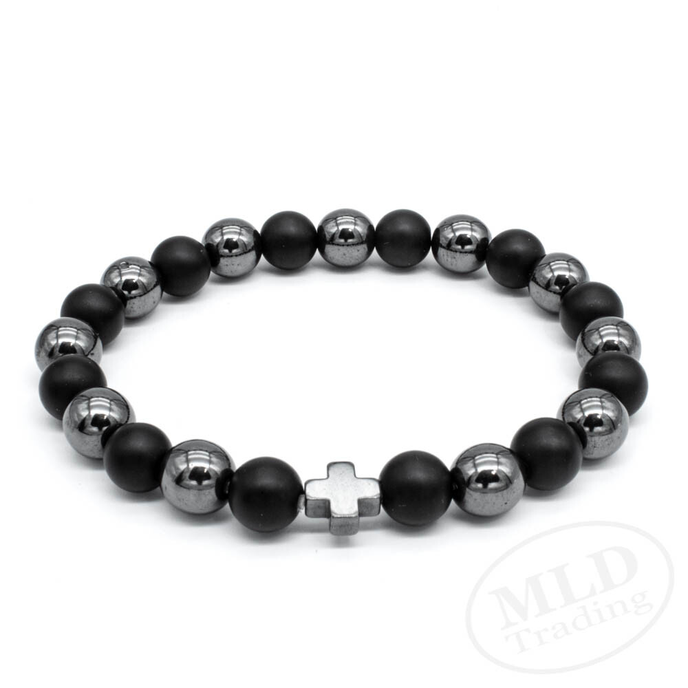 Black Hematite & Natural Stone Beads Cross Bracelet, Elastic Cord, 7 Inches