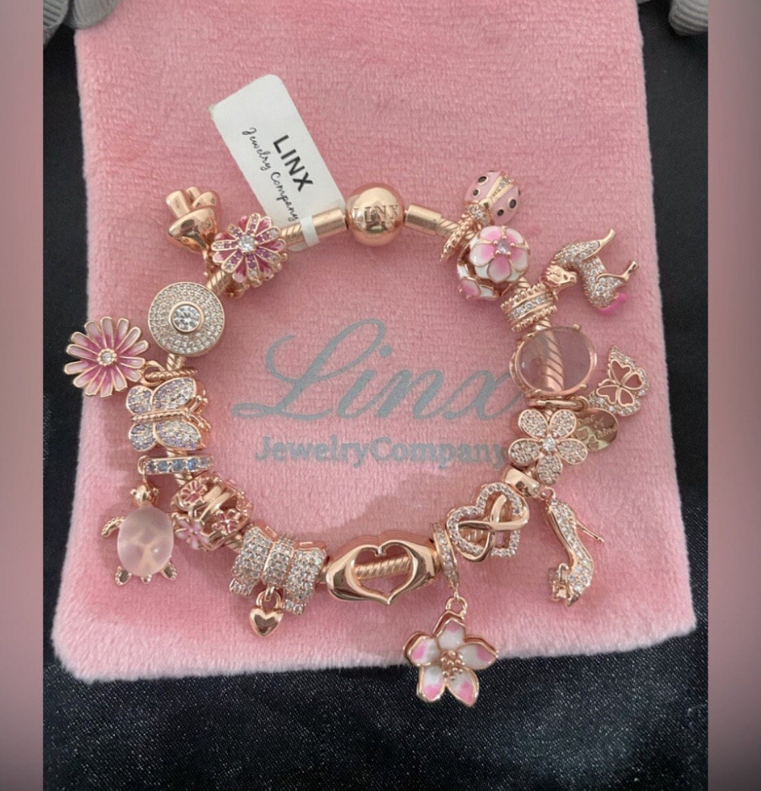 Linx Rose Gold Snake Chain Bracelet with Rose Gold and Pink Themed Charms