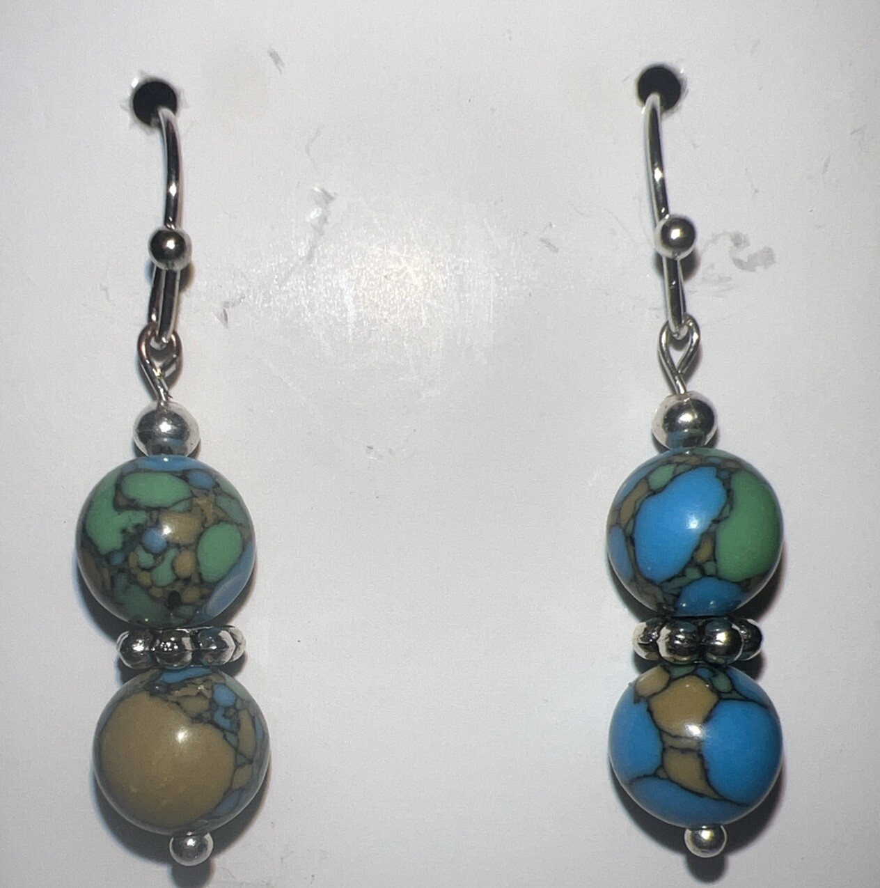 Blue & Green Stone Bead Earrings W/ Silver, Dangle, Fashion, Earth, Jewelry