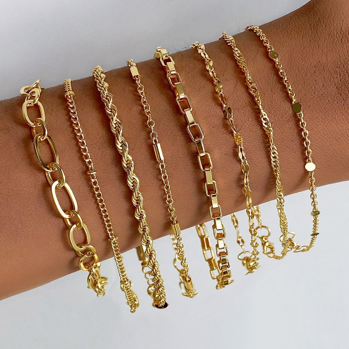 14K Gold Plated Multi Layer Link Chain Bracelet Set Non Tarnish Women Gift