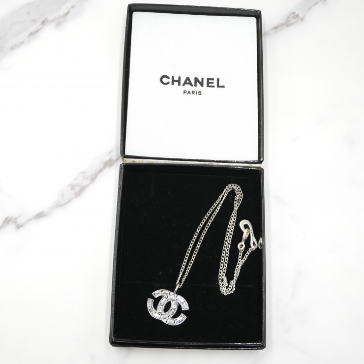 CHANEL Coco Mark Pendant Necklace Silver Tone Clear Stone 42cm