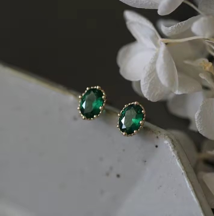 Retro Luxury dark green oval crystal stud earings sterling silver color gold