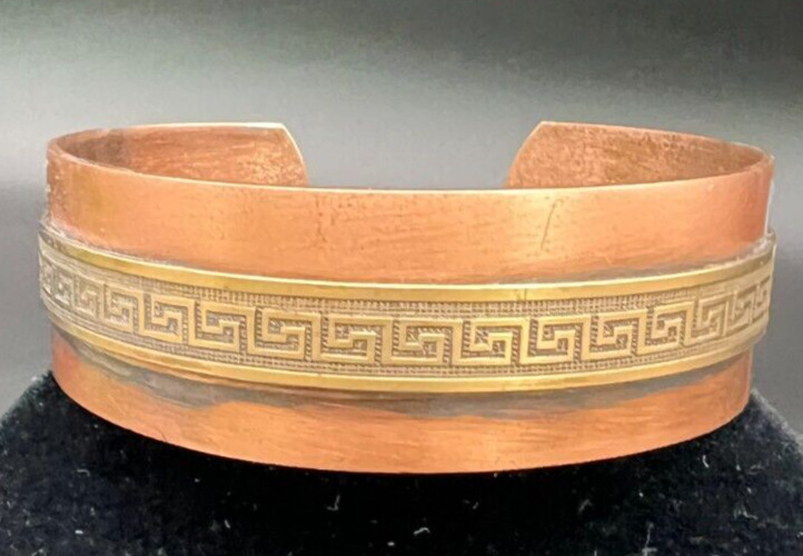 Vintage Greek Key Copper and Brass Bracelet Cuff 30g