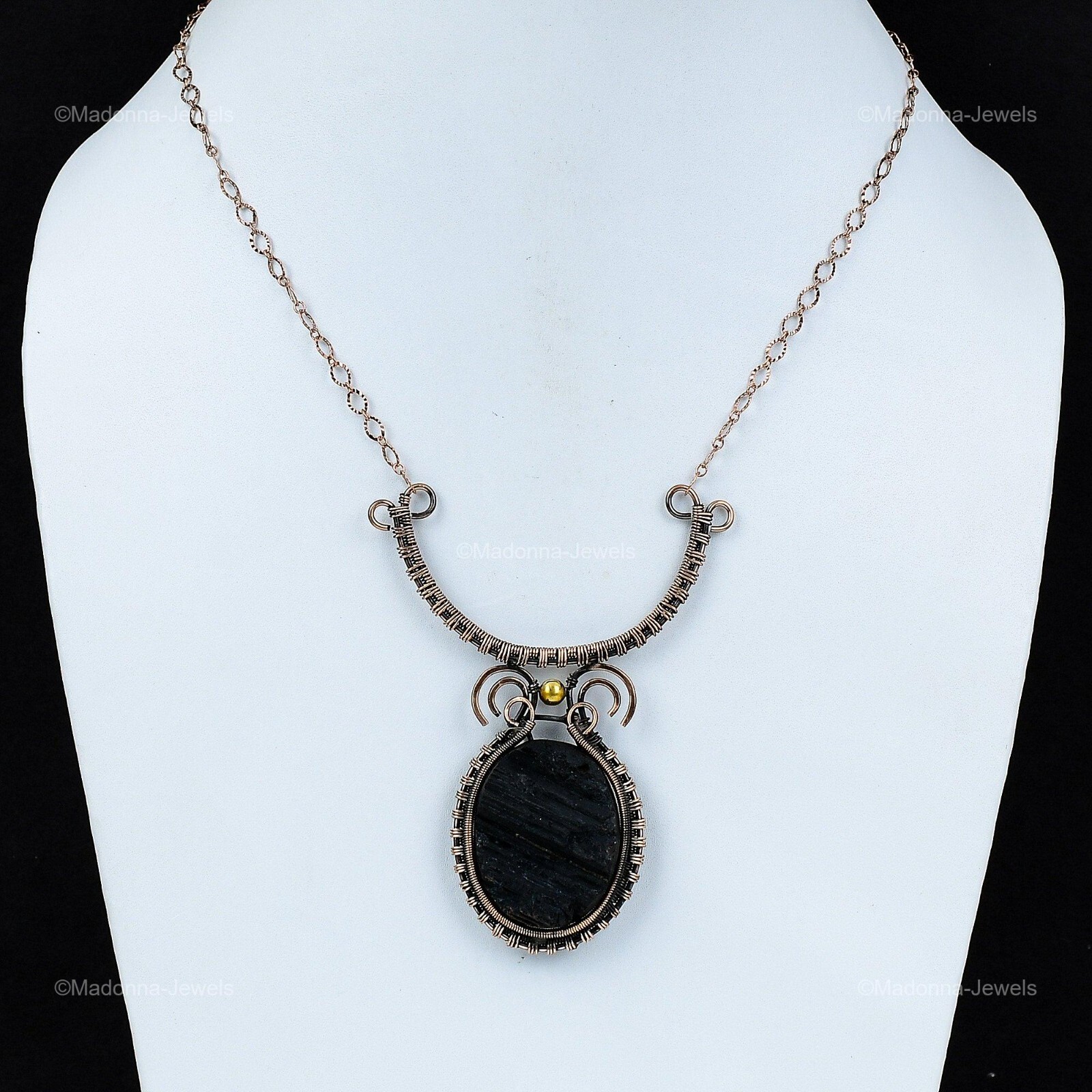 Copper Black Tourmaline Rough Gemstone Chain Anniversary Wire Wrapped Necklace