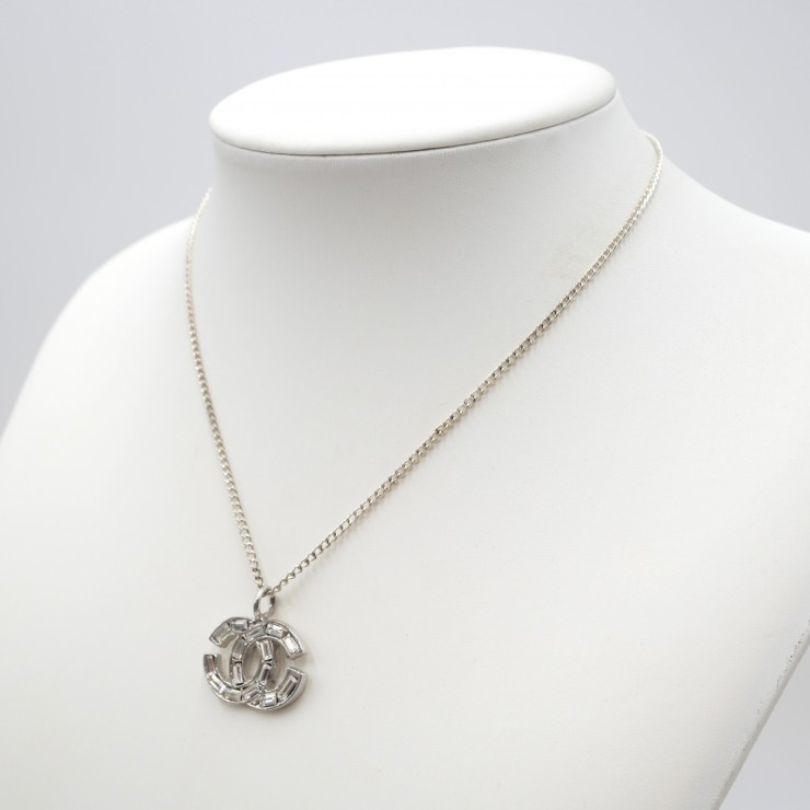 CHANEL Coco Mark Pendant Necklace Silver Tone Clear Stone 42cm