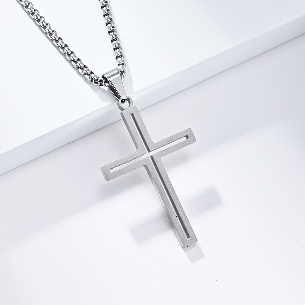 Men Women Simple Cross Necklace Stainless Steel Plain Pendant Box Chain Gift Boy