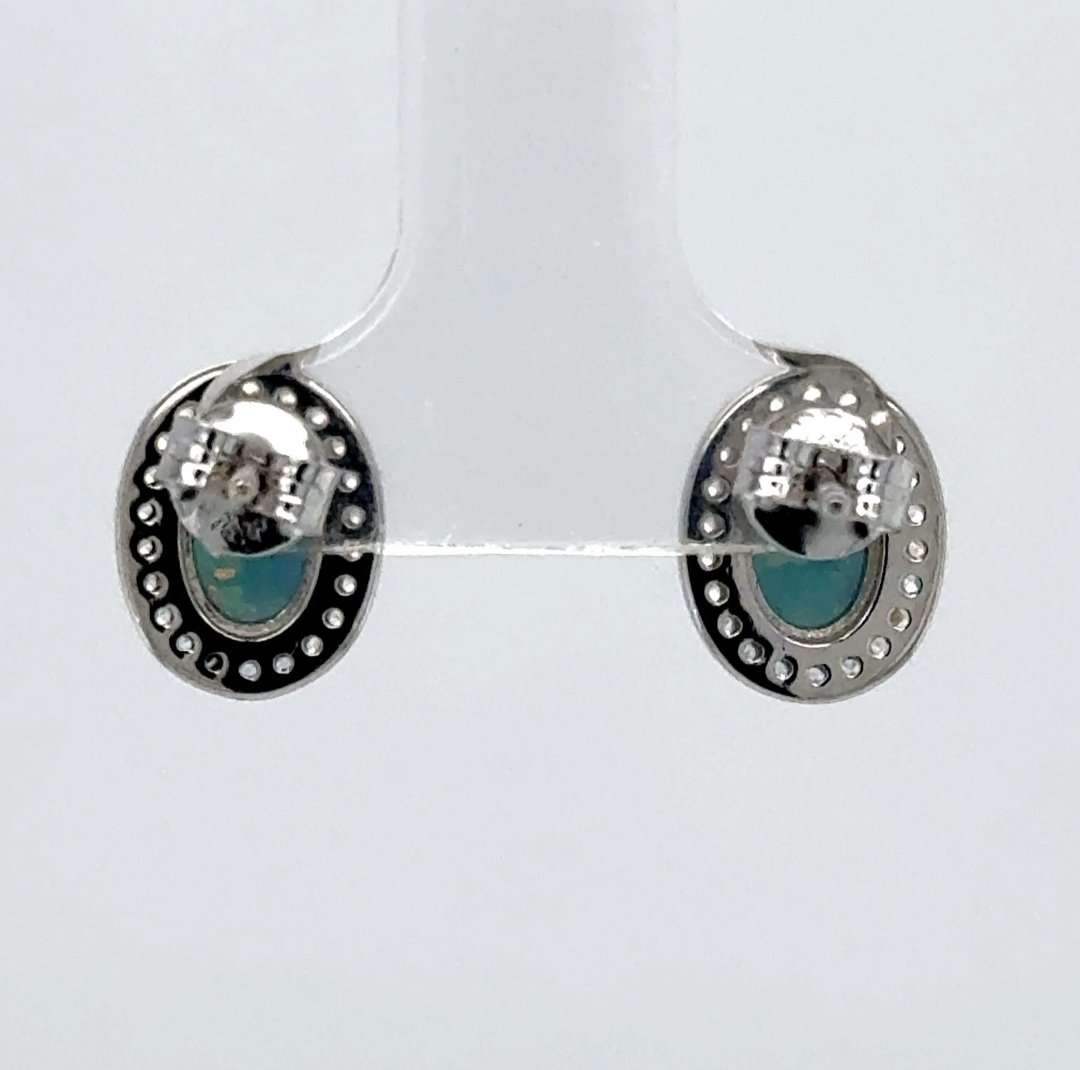 Green Oval FIRE OPAL Post / Stud Earrings with 22 CZs 925 STERLING SILVER #630e