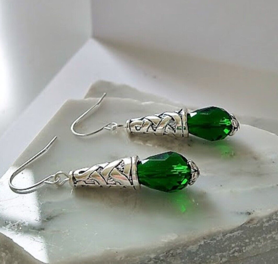 Emerald Dark Green Teardrop Crystal Silver Dangle Earrings, Drop Earrings