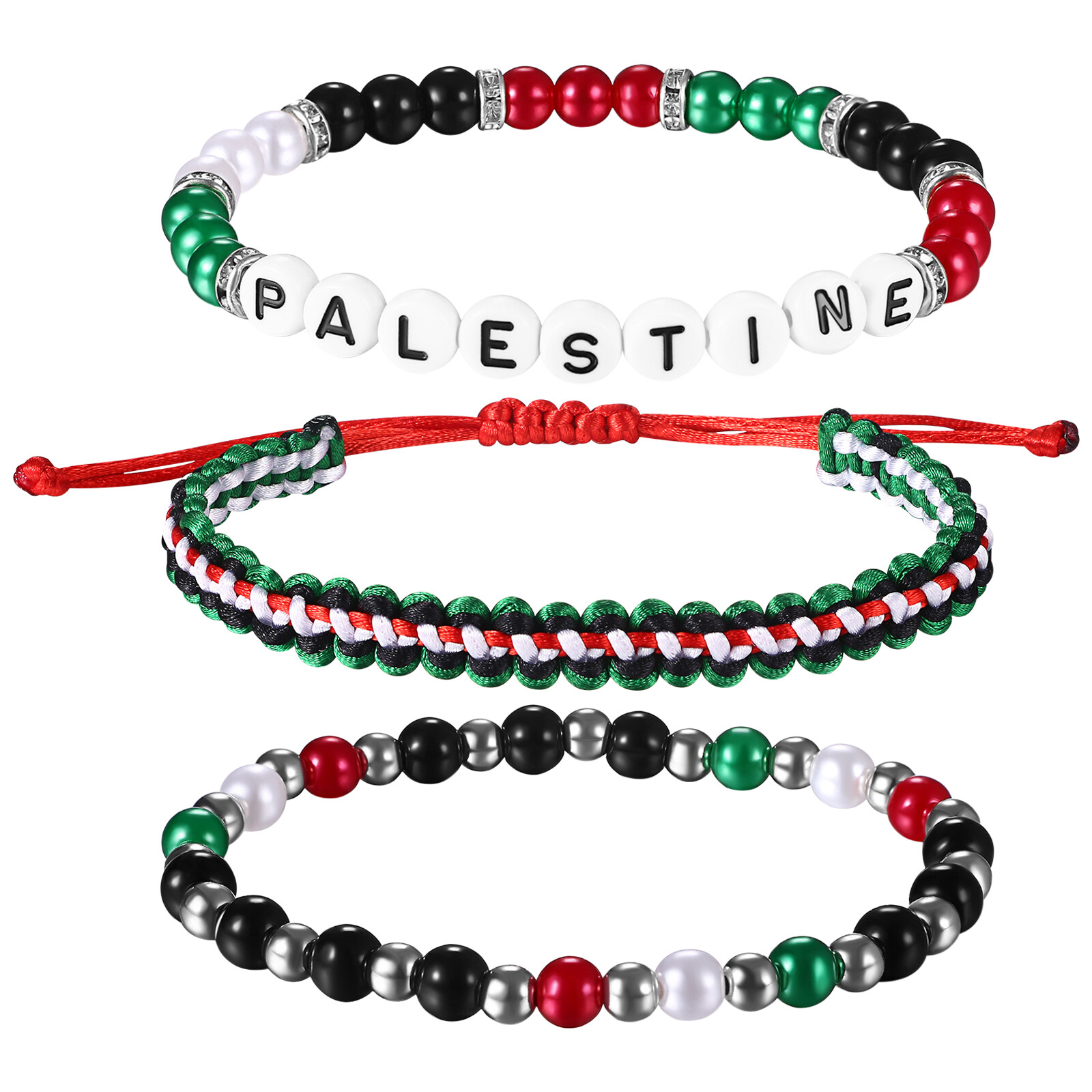 3pcs Free Palestine Handmade Adjustable Wrap Bracelet Elastic Beaded Wristband