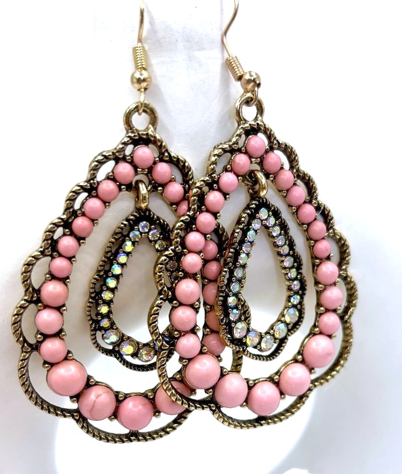 Elegant Pink Turquoise Iridescent Rhinestones Scalloped Double Teardrop Earrings