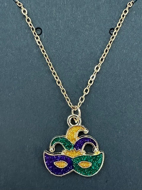 Stainles Steel Gold Cable Chain Necklace 18″ Green Purple Enamel Mardi Gras Mask