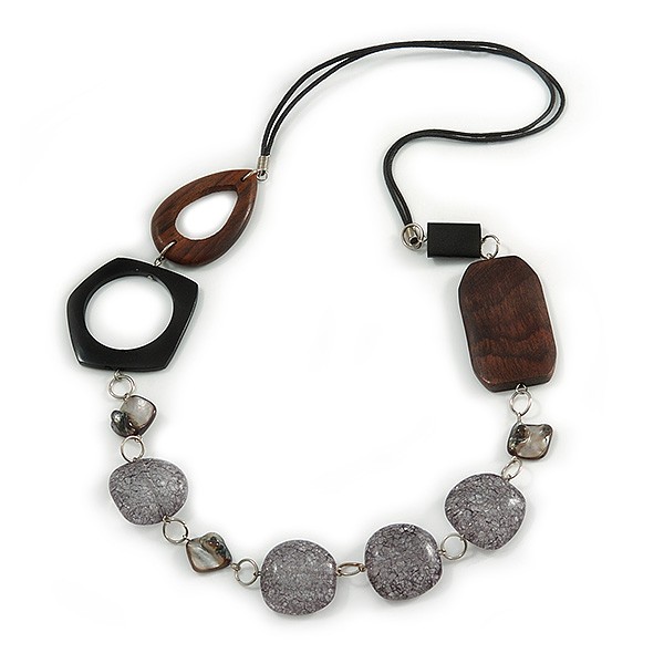 Brown/ Grey Acrylic Wood Bead Black Cord Cotton Necklace – 74cm Long