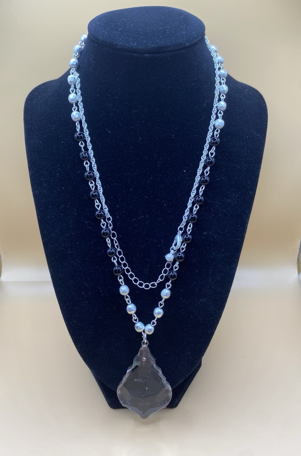Silver Tone Cable Chain Necklace Black Beads Clear Glass Teardrop Charm