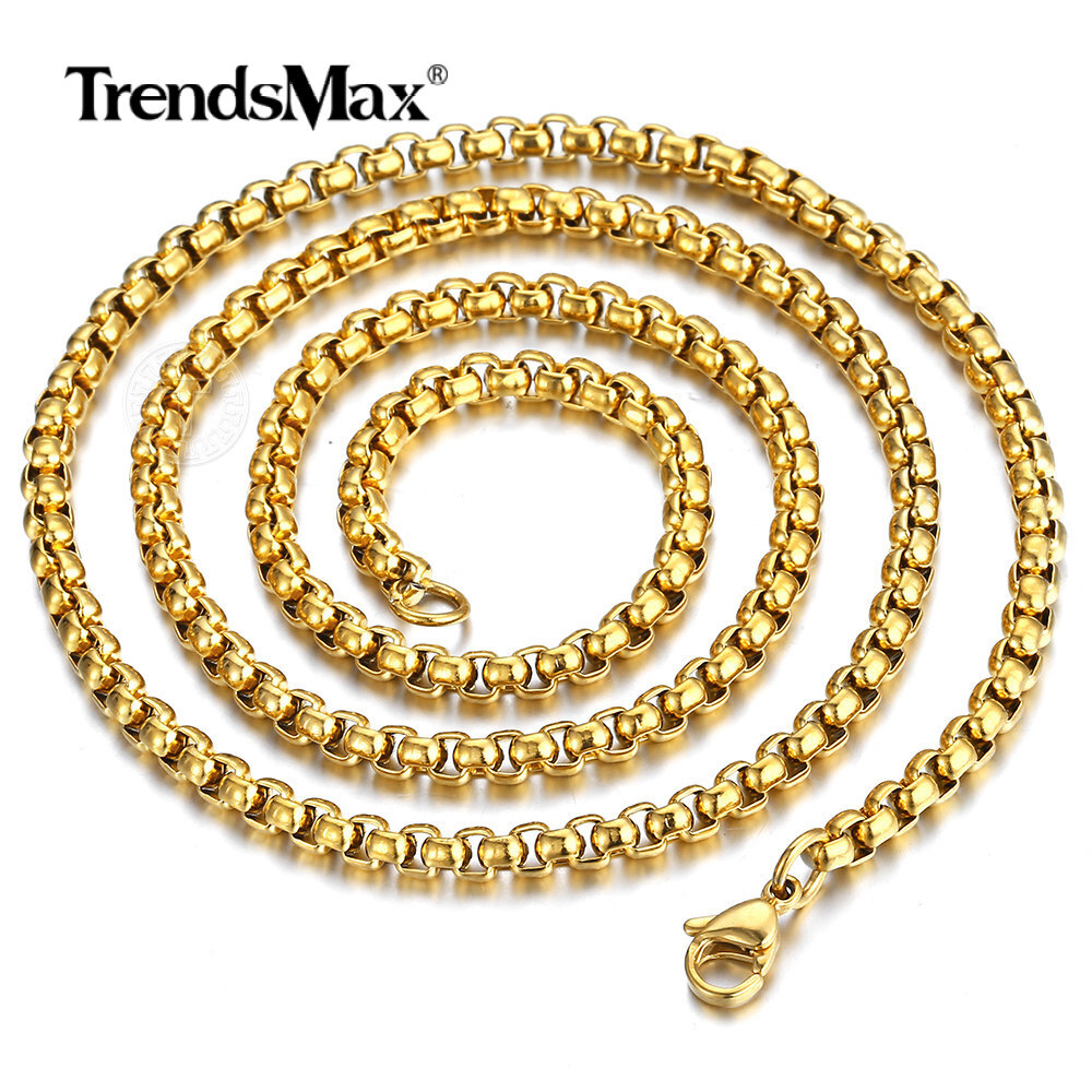 4mm Mens Round Box Link Gold Plated Stainless Chain Steel Necklace 18-36 inches
