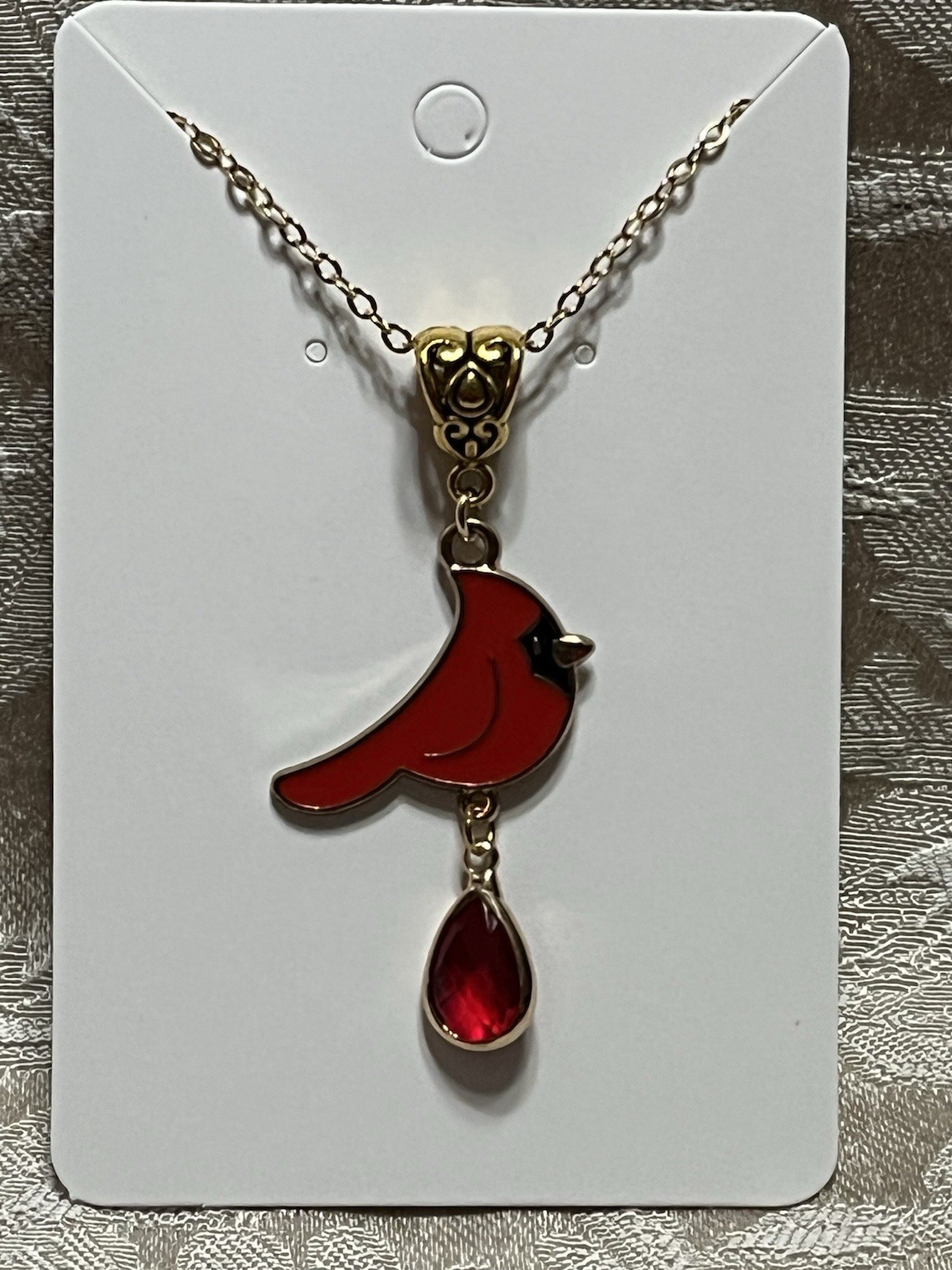 Cardinal Red Gem Christmas Gold Enamel Drop Dangle Boho Trendy Necklace
