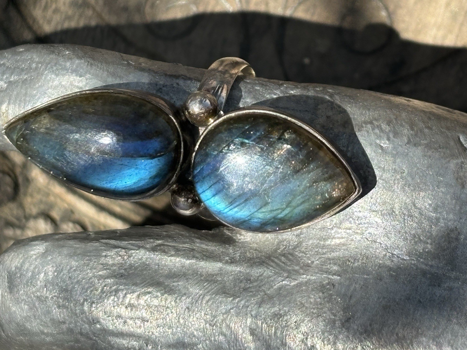 Double pear shaped labradorite gemstone silver ring size 7