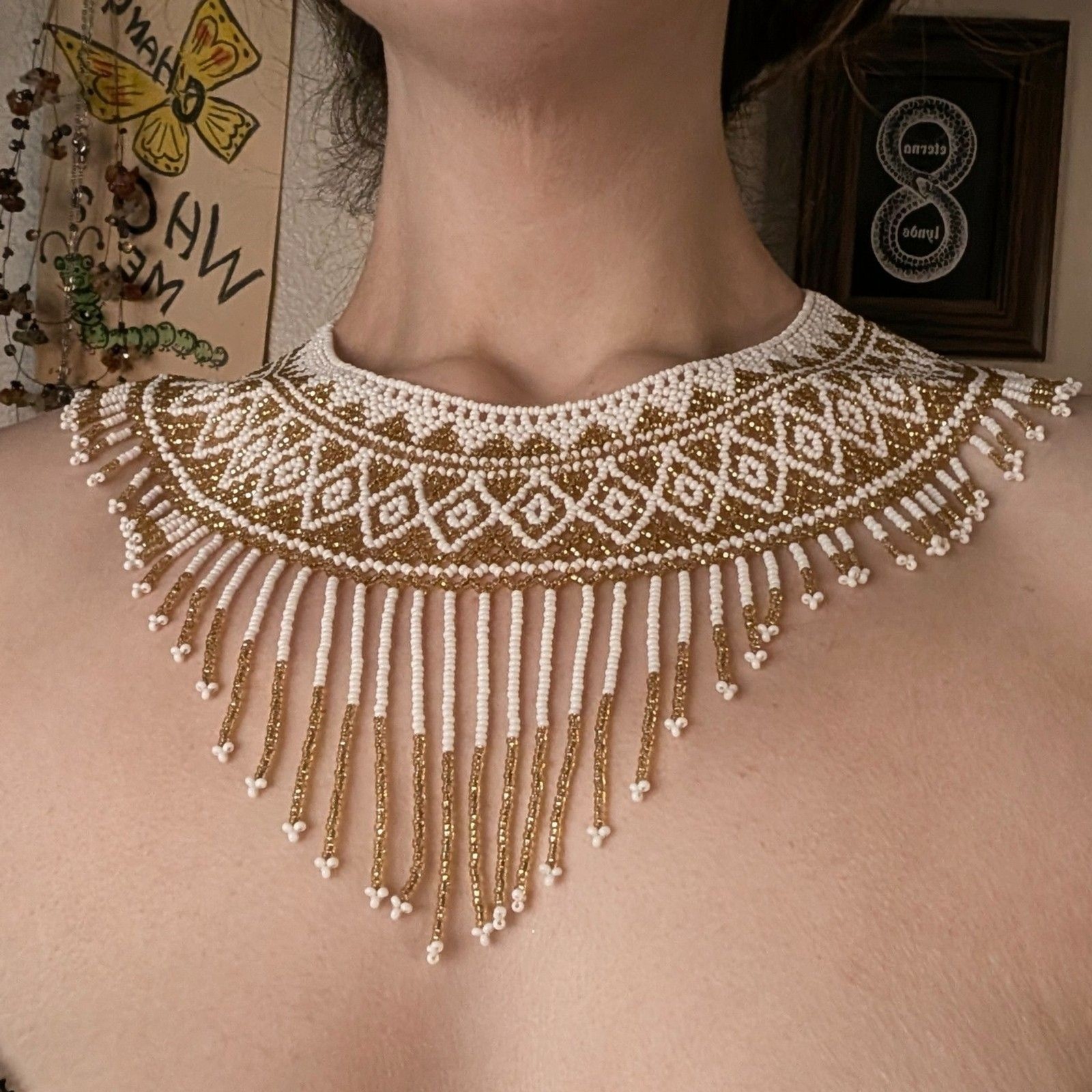 Beaded Fringe Bib Choker Collar Necklace White Gold Geometric Boho Deco