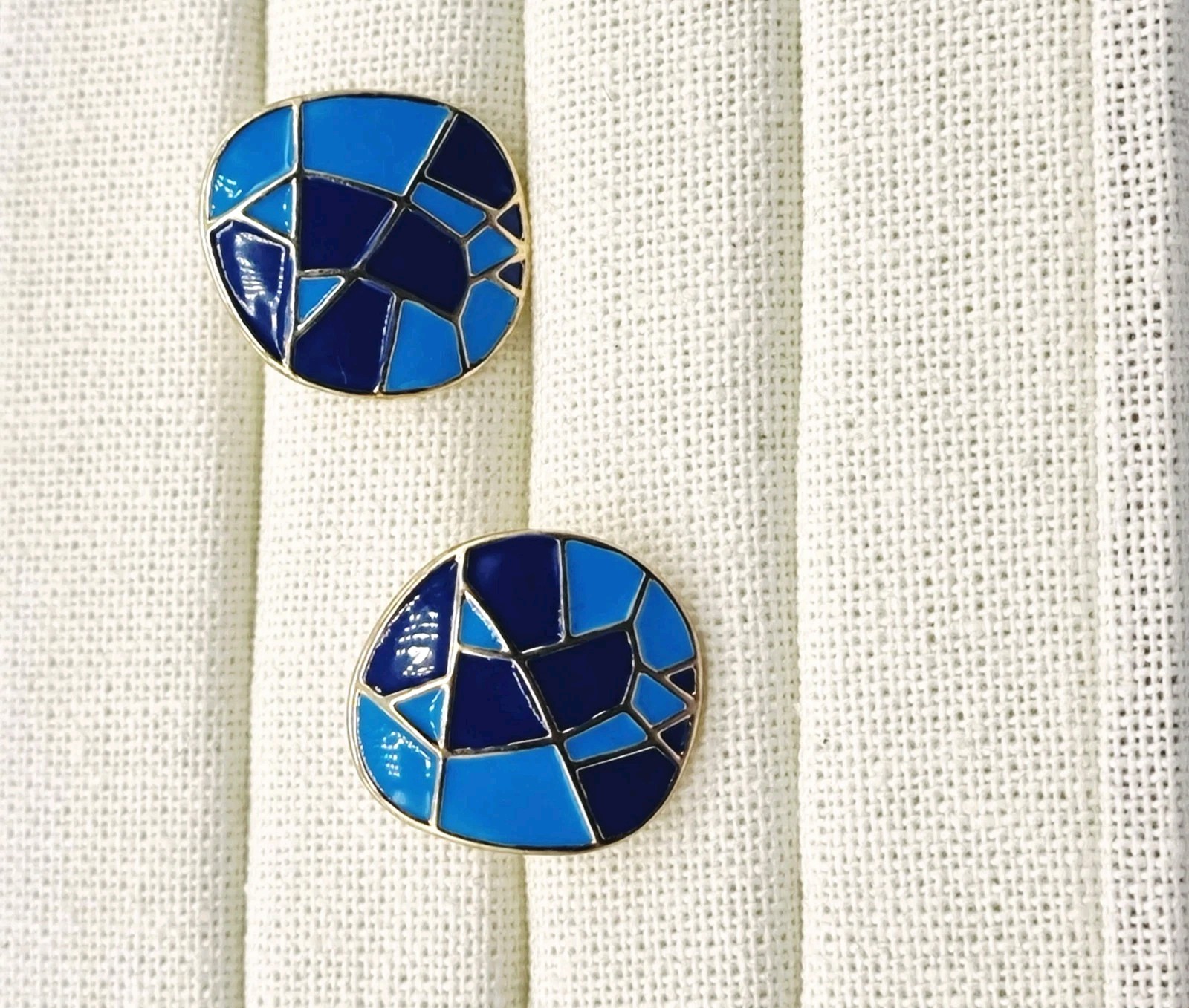 Earrings Enamel Round 2.3cm Art Deco Blue Gold Push Backs Arty Retro Party Gift
