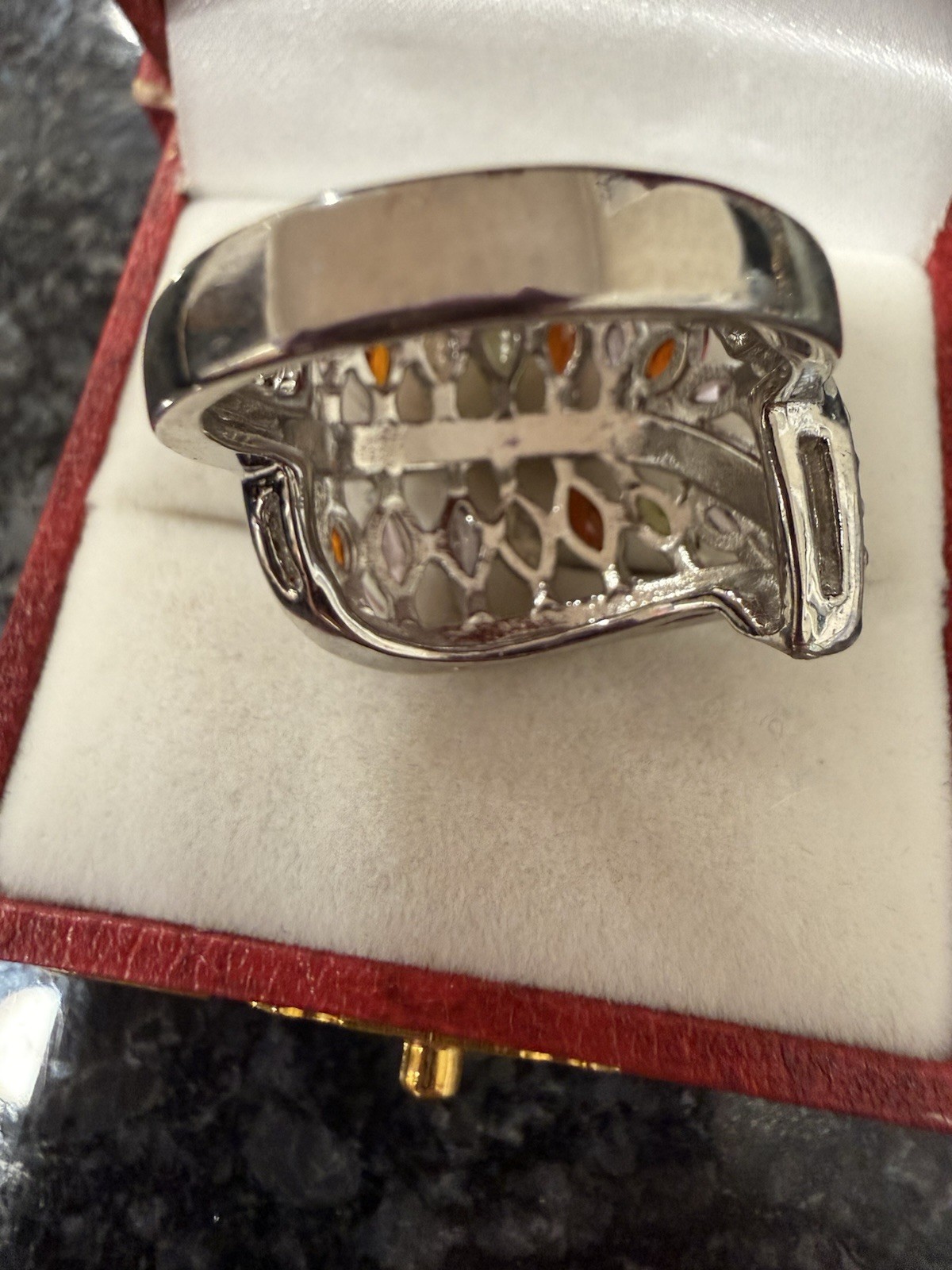 Silver Tone Multicolor Marquise Crystal Cluster Cocktail Ring Size 10.5