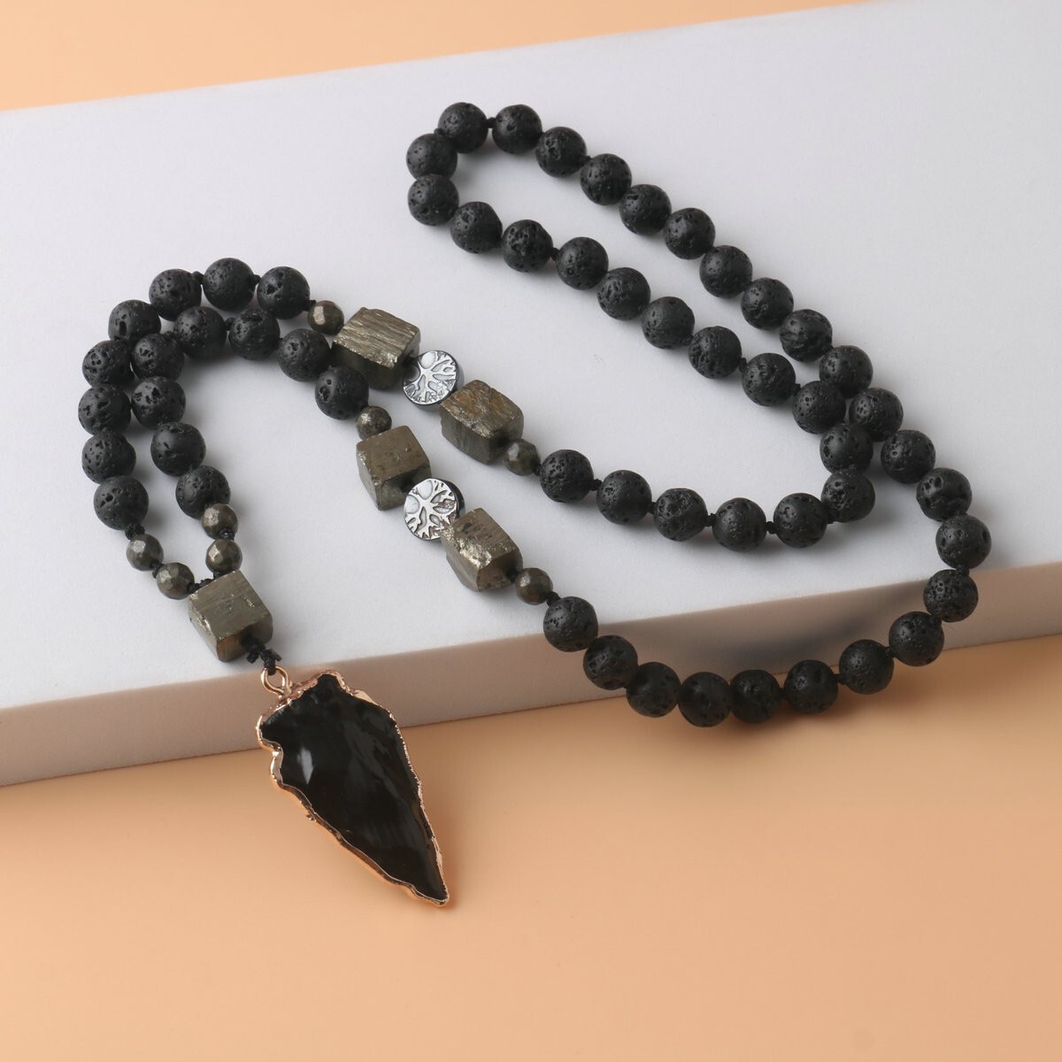 Natural Lava Rock + Black Obsidain Arrow Pendant Necklace Healing Necklace