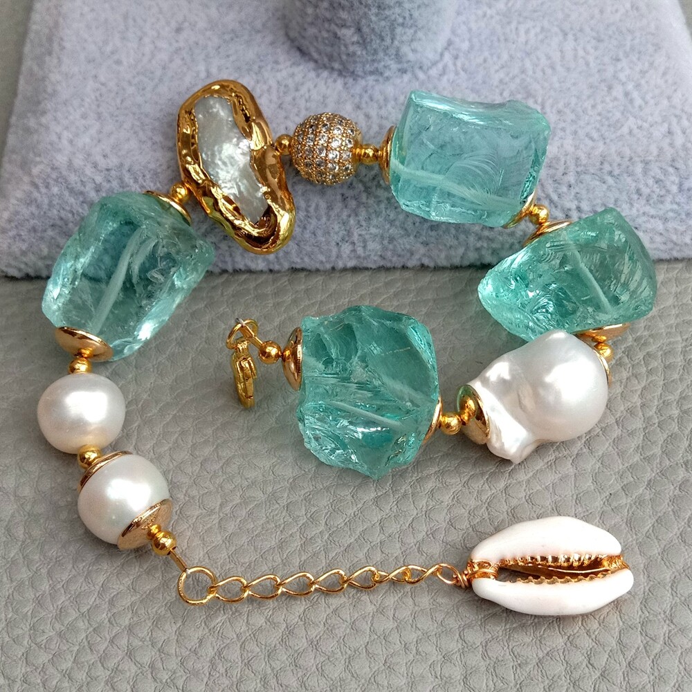 8″ Cultured White Keshi Pearl Biwa Pearl Blue Glass Rough Bracelet