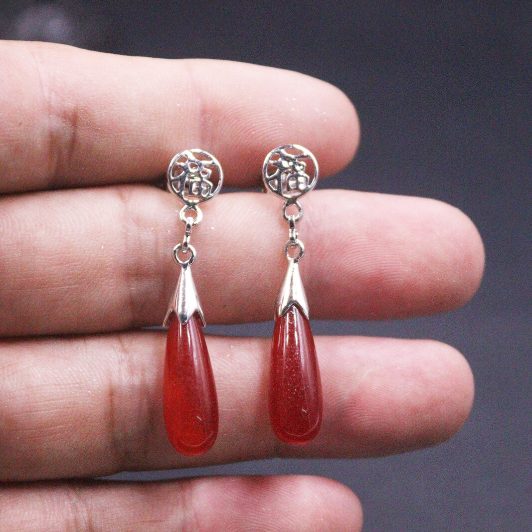 Handmade Red Jade Earrings Dangle Elegant 18K Gold Plated Raindrop Earrings